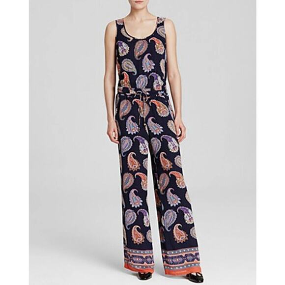 TORY BURCH 100% Silk Jumpsuit Paisley Romper Sleeveless Chic Blue Orange Small - Picture 1 of 14